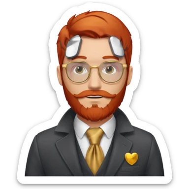 gray scarf, male,  beard, red hair, with suit, gold glasses sticker