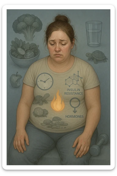 Donna tra i 25 e i 35 anni con fisico leggermente gonfio e postura affaticata, seduta con sguardo stanco. In trasparenza sul suo corpo, si vedono elementi simbolici: una fiamma metabolica molto piccola nel centro dell’addome, una tartaruga accanto a un simbolo di orologio rallentato, indicatori visivi di insulino-resistenza e squilibri ormonali. Intorno a lei: cibo sano non digerito bene, attività fisica poco efficace. Colori spenti attorno al corpo, con toni freddi e lentezza visiva. Stile realistico con elementi infografici e simbolici integrati sticker