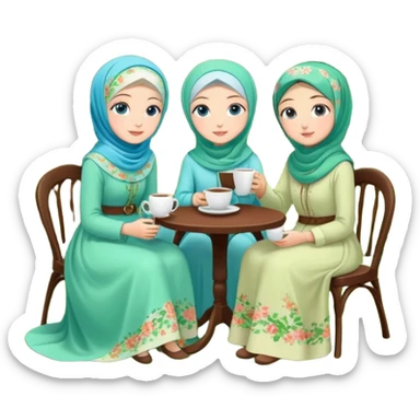 Turkish beautiful finish Konya girls blue eyes with Beautiful light green floral hijab long tail dress and the two friends in a lovely garden sits on the chair on the ground and holds cup coffe with her hand  sticker
