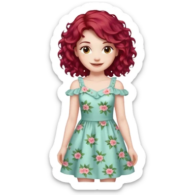 woman with shoulder length curly cherry red hair with brown eyes and pale skin smiling. pastel dress sticker