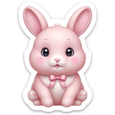 Cinematic adorable pastel pink bunny, chubby cheeks, tiny paws, sparkling round eyes, soft fur with a gentle glow, slightly tilted head, wearing a tiny bow, irresistibly cute and heartwarming. sticker