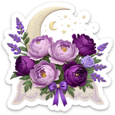 A vintage bouquet of lavender-hued peonies, deep violet roses, and soft lilac pansies, tied together with a silk ribbon in shades of plum and amethyst, rests beneath the glow of a crescent moon. Scattered around are tiny embroidered hearts on a delicate lace handkerchief, while the scent of dried lavender lingers in the cool evening air. sticker