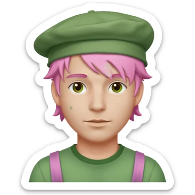 pink haired man with full full face green clay mask and a hat sticker