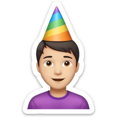 Young man, short hair, rainbow birthday party hat, cheerful expression sticker