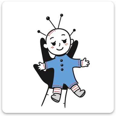 A hand-drawn voodoo doll with Carolina blue fabric and red thread stitches, looking slightly creepy with pins sticker