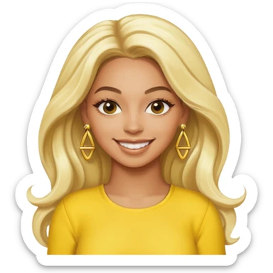 Beyonce with long platinum blonde hair, yellow outfit and earring sticker