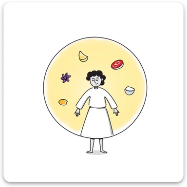 Floating orb of warm light containing mini bright icons: red meat, golden egg, purple beans, translucent tofu block and yogurt glass, slowly rotating around a radiant body figure that radiates strength and balance sticker