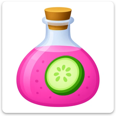 Create a pink potion in the same bottle shape as the reference image, with a cucumber slice inside, in emoji style. sticker