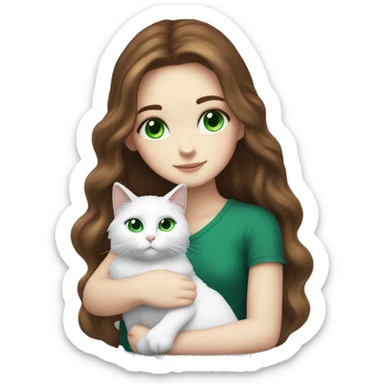 White girl with long brown hair blue eyes snuggling fluffy white cat with green eyes sticker