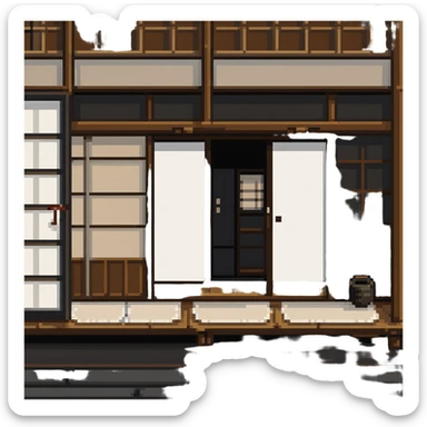 Traditional Japanese house with wooden structure, sliding doors, tatami floor sticker