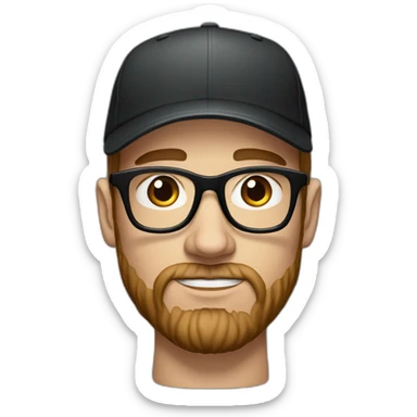 White man with brown hair and a brown beard, has thick eyebrows is wearing black sight glasses. Big nose. Small brown eyes. Wearing a Nike cap. Serious expression sticker