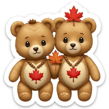 2 fluffy Teddy bears in love. One has an acorn necklace and the other has a maple leaf necklace  sticker