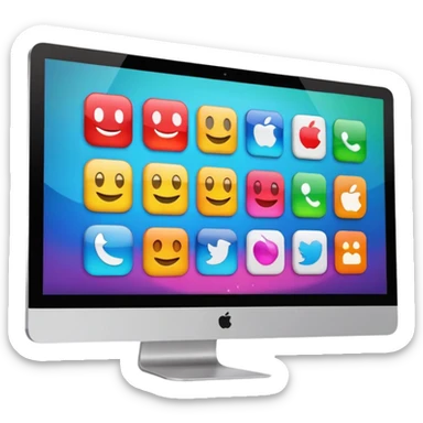 Emoji style simplified iMac screen displaying app icons in grid sticker
