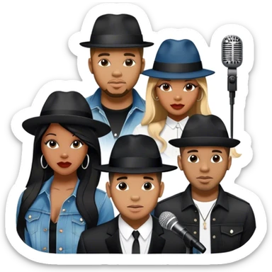 Icon for R&B Music: collage of R&B artists—Victoria Monét, Summer Walker, Usher, Chris Brown, and Muni Long. Each represented by a silhouette or symbolic item like a microphone, fedora, or music notes, reflecting the soul and energy of R&B. Transparent background. sticker