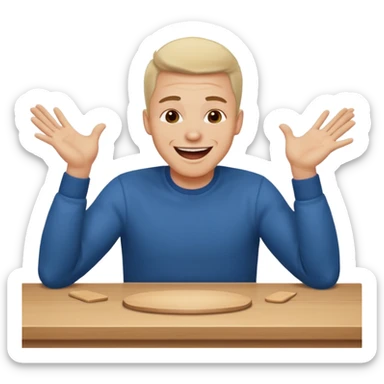 A man is laughing with his head siting on the table and his both hands are knocking the table sticker