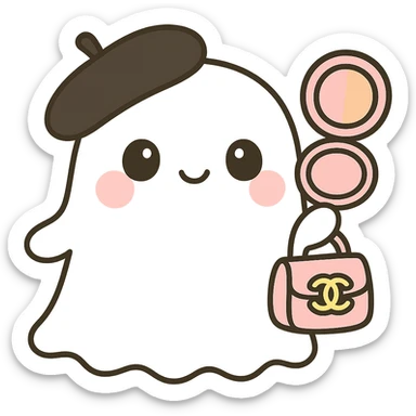 Make the ghost white. Place the blush compact in the hand opposite the pink Chanel purse, so each hand holds a different item. The blush inside the compact should be half pink and half orange. Keep the black beret. No background. sticker