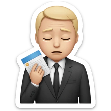  emoji character wearing a interview clothoes. face has a very sad crying, disappointed expression with drooping eyebrows and half-closed eyes. posture is dejected, with slumped shoulders. just rejected from  interview to get a job, holding CV. dont make it old person and dont specify any gender. sticker