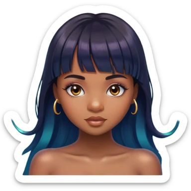 brownskin girl, beautiful girl, mermaid appearance, black straight hair with bangs above eyebrowns, nostril piercing sticker