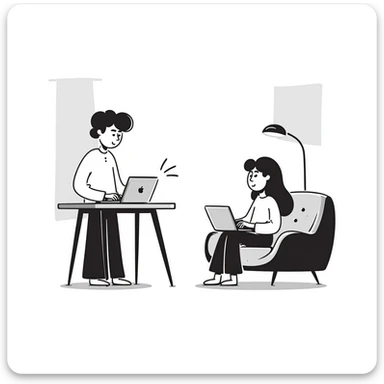 escenary 3d of a cozy mid-century living room with two people working on laptops, one man standing at a desk and one woman sitting on a couch, two walls and floor visible sticker