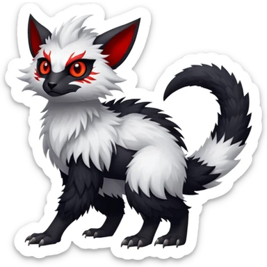 a white exotic edgy vernid-fionbr-Fakémon-creature, with black belly and red eyes, full body sticker