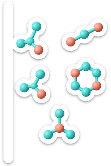 emoji 3d stile iphone di cinque molecole chimiche turchesi e rosa salmone che fluttuano in aria 3d sticker