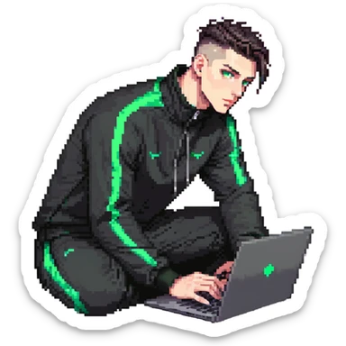 male with dark hair, high fade haircut, high slick back hairstyle, green eyes, wearing a black tracksuit, coding on black laptop sticker