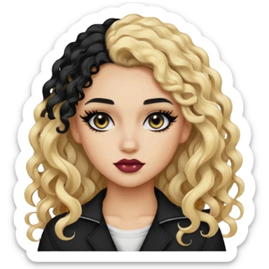 split dye leftside blonde rightside black hair, baddie, pretty makeup, black eyeliner, long curly hair sticker