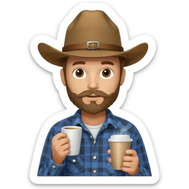 generate an ios genmoji of a 20 year old tan boy with a cowboy hat and mutton chop beard. Wearing a flannel and carrying a coffee mug sticker