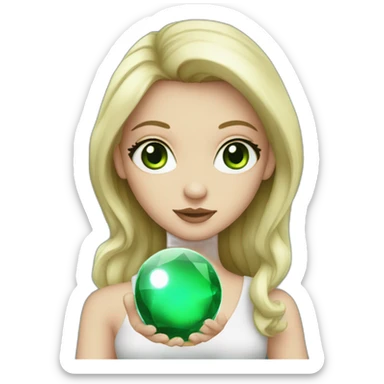 white girl with green eyes, holding a crystal ball sticker