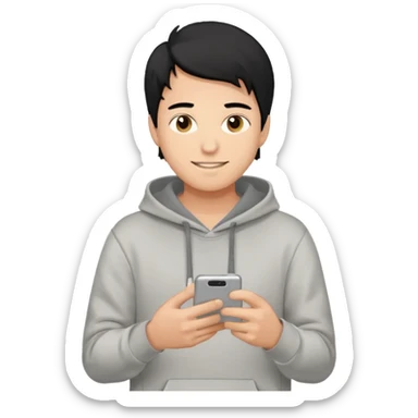 young man with black hair, wearing a light gray hoodie, holding a smartphone, neutral expression, iPhone iOS style emoji sticker