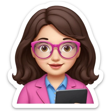 chubby English teacher cute girl face cheerful wavy long dark brown hair pink glasses classroom background for online classes sticker