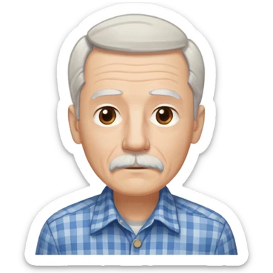 Thin elderly man with light skin. Elongated face with kind expression. Light brown eyes. Thin eyebrows. White goatee and white mustache. Fine straight gray-white hair combed back with some bangs falling on forehead. Slim build. Wearing a blue and beige checkered button-up shirt. sticker