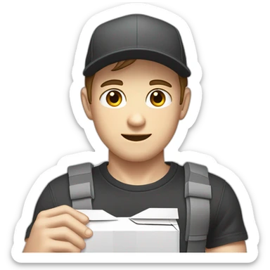 Pale skinned fit Man with dark brown hair in a black cap, gray jeans and dark gray polo T-shirt keeping a pasted with tape white box into his hands sticker