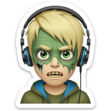 boy zombie whit blonde emo hair and eyes blue and GREEN SKIN and heandphones AND A MICROFONE AND GOLD TEETH and agesive face sticker