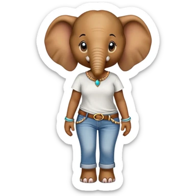 female anthropomorphised elephant in jeans and t-shirt, walking upright, wearing bangles and earrings sticker