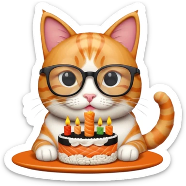 cat with cool square glasses eating a birthday cake made out of sushi sticker
