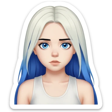 billie eilish long black hair, blue eyes dark eyeliner makeup, wearing white singlet sticker