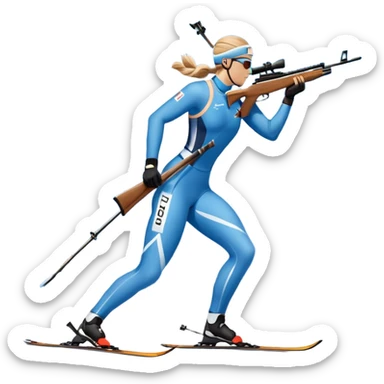 An icon featuring snow-covered trees, distant mountains, and a clear blue sky with a biathlete in motion, holding a rifle and skiing across a snowy course. Transparent background highlights the precision, endurance, and excitement of biathlon. sticker