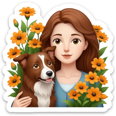 A white woman holding a brown Border Collie in the flowers sticker