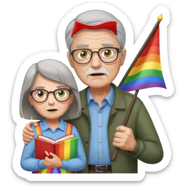 make old old man like 80 with gray hair and fur has HUGE EYE brows and glasses and is always mad and gay holding the rainbow flag and walking a young girl about 1 with brown hair and green eyes with a moth book with the other hand sticker