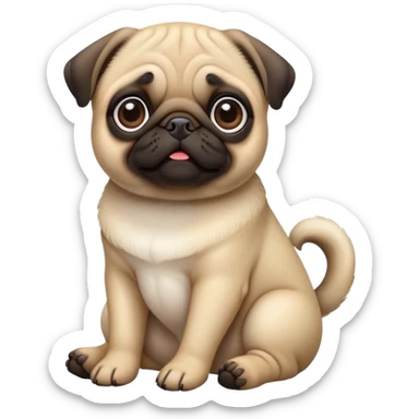 detailed-[cute pug]-realistic-full-body-sitting-emoji,-tail-resting-loosely-beside-its-paws,-head-tilted-dramatically, -sleek-fur,-simplified-yet-realistic-focused-features,-highly-detailed,-glowing-with-an-almost-sarcastic-glow sticker