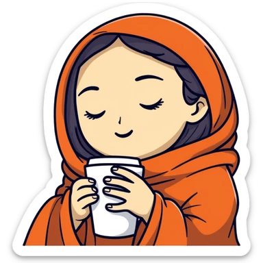 girl inside a blanket sipping coffee, eyes closed, style 3 sticker