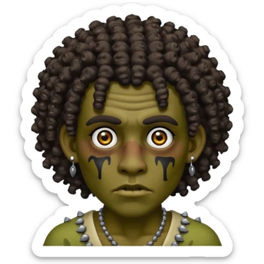 Zumbi man with curly hair, black eye, studded earrings on both ears sticker