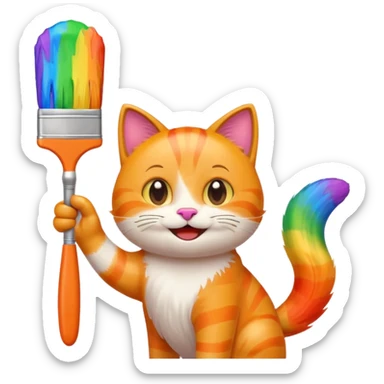 happy cat waving a giant rainbow paintbrush, playful, emoji style sticker