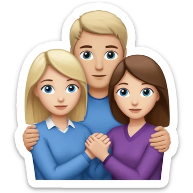 3 people. Throuple. Blank woman with blond hair and blue eye color on left. And also a blank man with brown hair and grey eye color in the middle. And a blank woman with brown hair and grey eye color on the right. Holding each other sticker