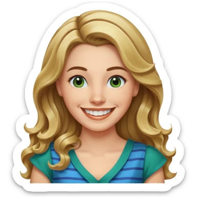 30 yr Caucasian woman long brown wavy hair parted on side blond stripe in hair blue green dress ,big smile white teeth, dimples sticker