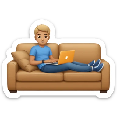 A young guy is lying on the sofa with a laptop sticker
