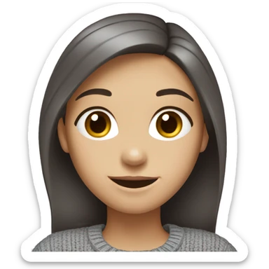 A girl with fair skin, blue eyes, dark brown hair, smiling, she's wearing a gray sweater sticker