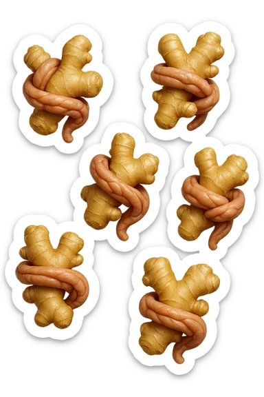 emoji stile iphone 3d di 6 piccoli pezzi di zenzero che fluttuano in aria con pezzi di colon arrotolati intorno, iperrealistico 4k sticker