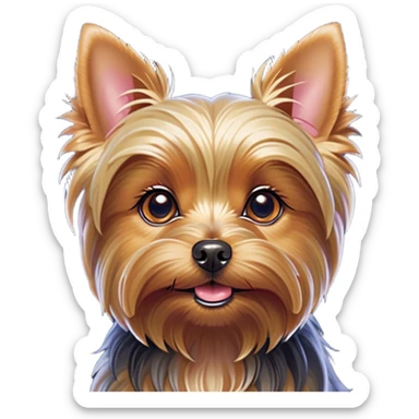 Cinematic Cute Yorkshire Terrier Portrait Emoji, Head perked with bright, twinkling eyes and a perky expression, showcasing a soft, silky fur in rich hues, simplified yet adorably detailed, glowing with a cheerful, inviting glow, high shine, exuding playful intelligence and spunky charm, styled with a gentle, whimsical outline, capturing the essence of a cute Yorkshire Terrier that appears ready to frolic off the screen with irresistible energy! sticker